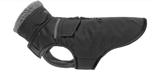 Black dog coat with grey fleece lining and reflective strip