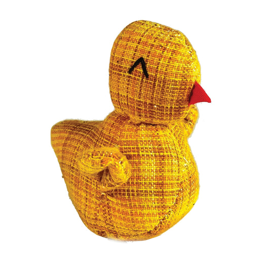 Goli Design Chicka-Di-Doda cat toy, a yellow fabric chick with a red beak and black eyes