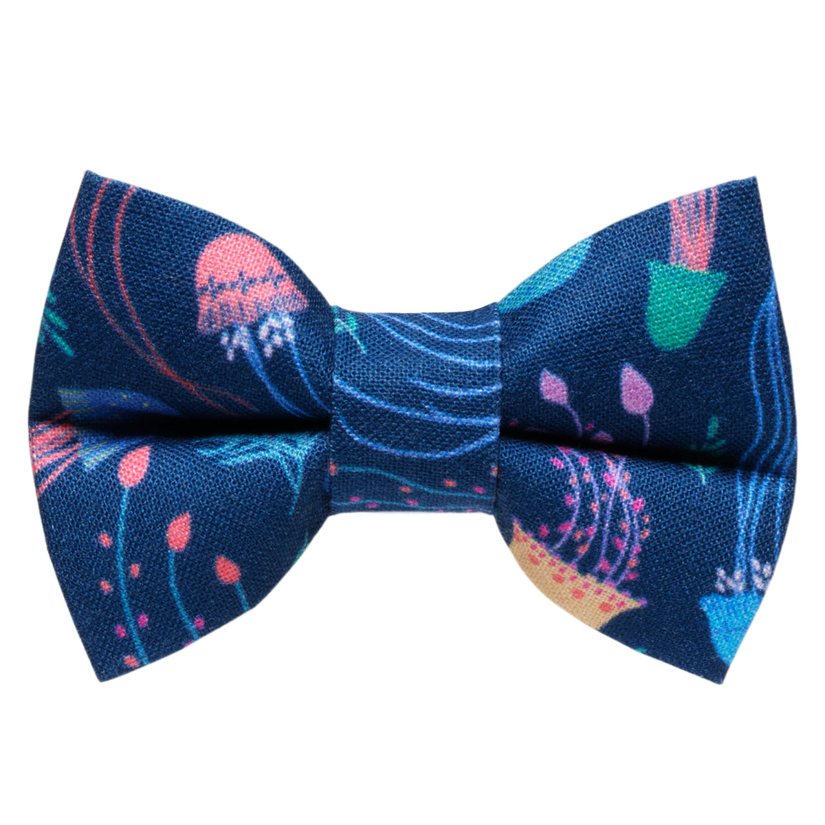 Navy blue bow tie with a colorful jellyfish print