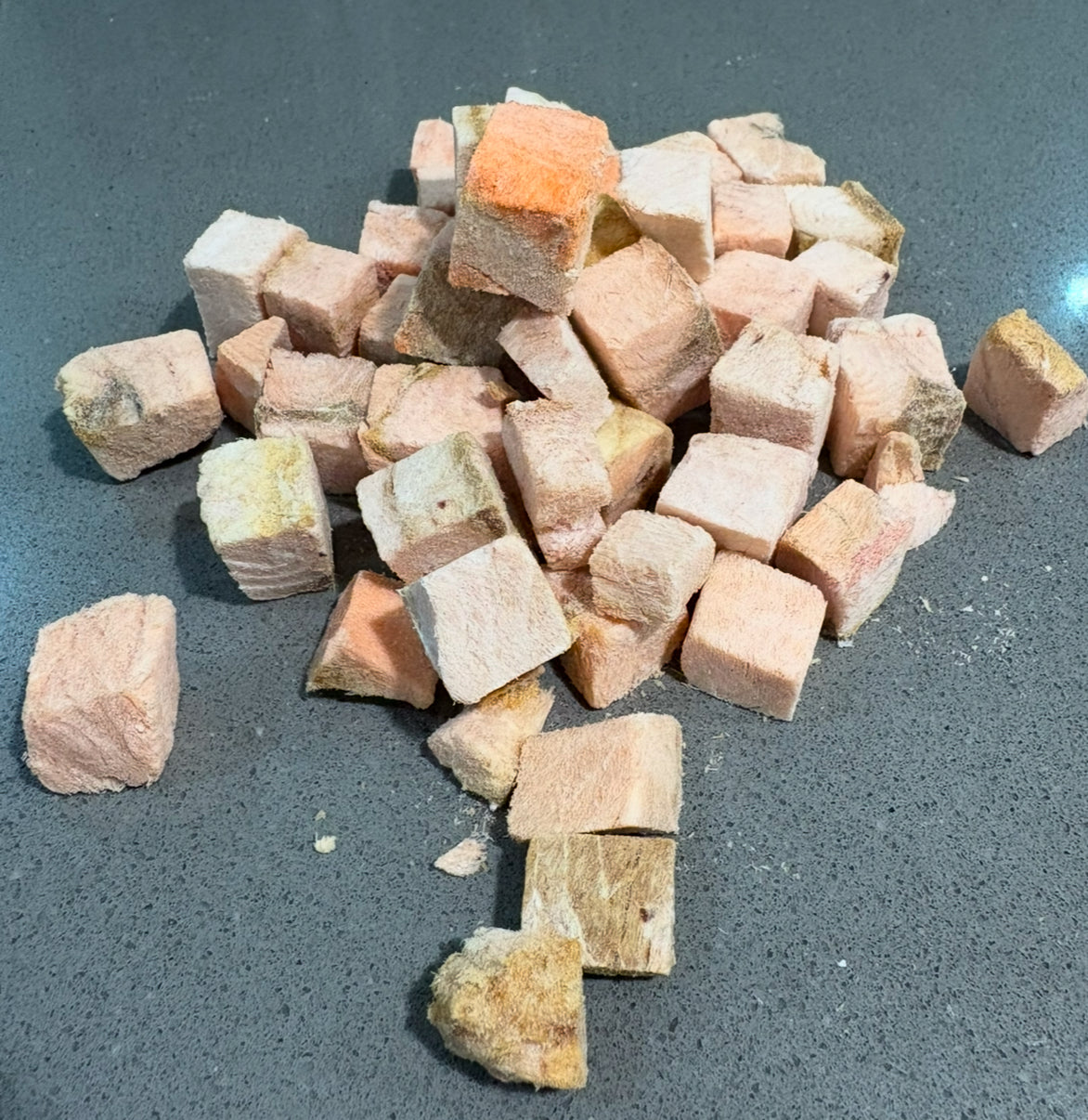 Freeze Dried Salmon Fins, Skin Rolls, Cubes- BULK