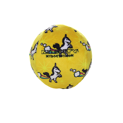 Yellow Mighty dog toy ball with unicorn and rainbow pattern