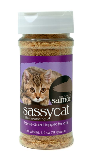 Herbsmith Sassy Cat wild caught salmon kibble seasoning freeze dried topper in a plastic shaker bottle