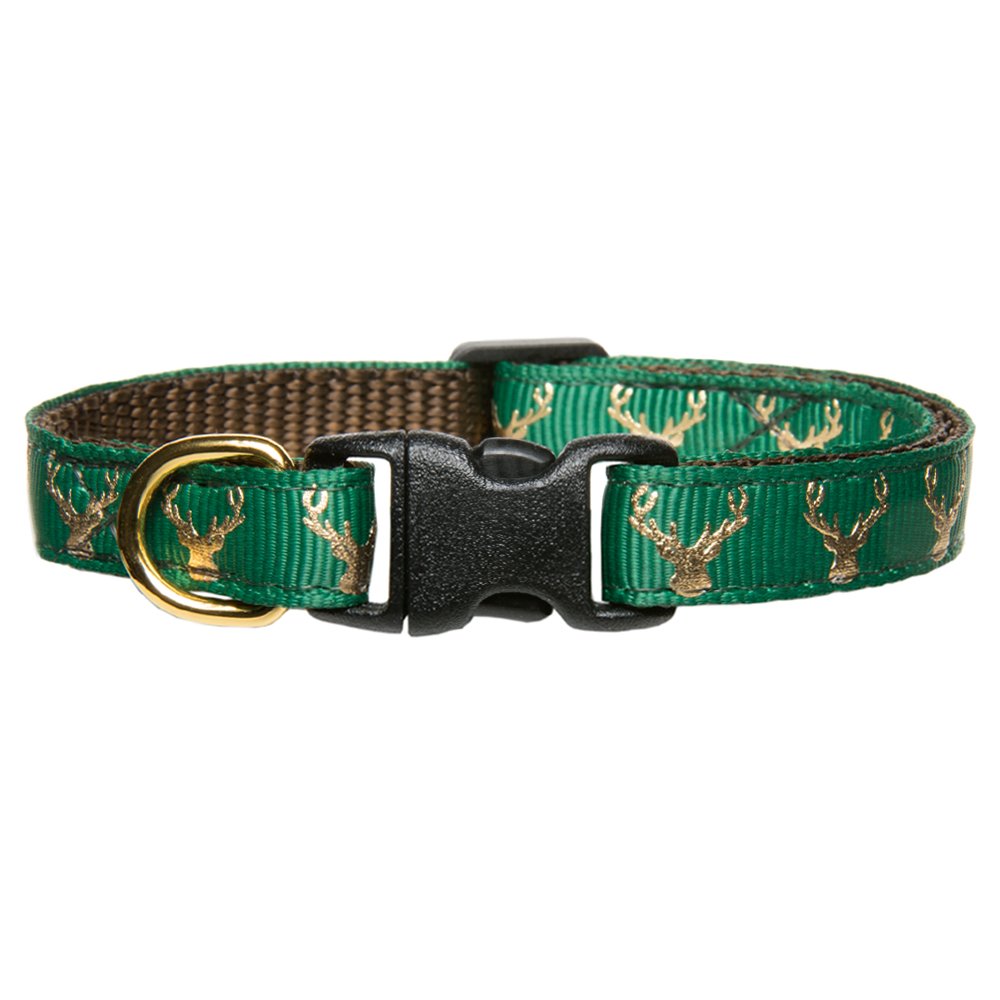 Sweet Pickles Designs The Cabin Fever cat collar in green with gold deer head pattern and black plastic buckle