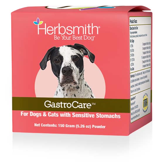 Herbsmith GastroCare powder for dogs and cats with sensitive stomachs in a pink box