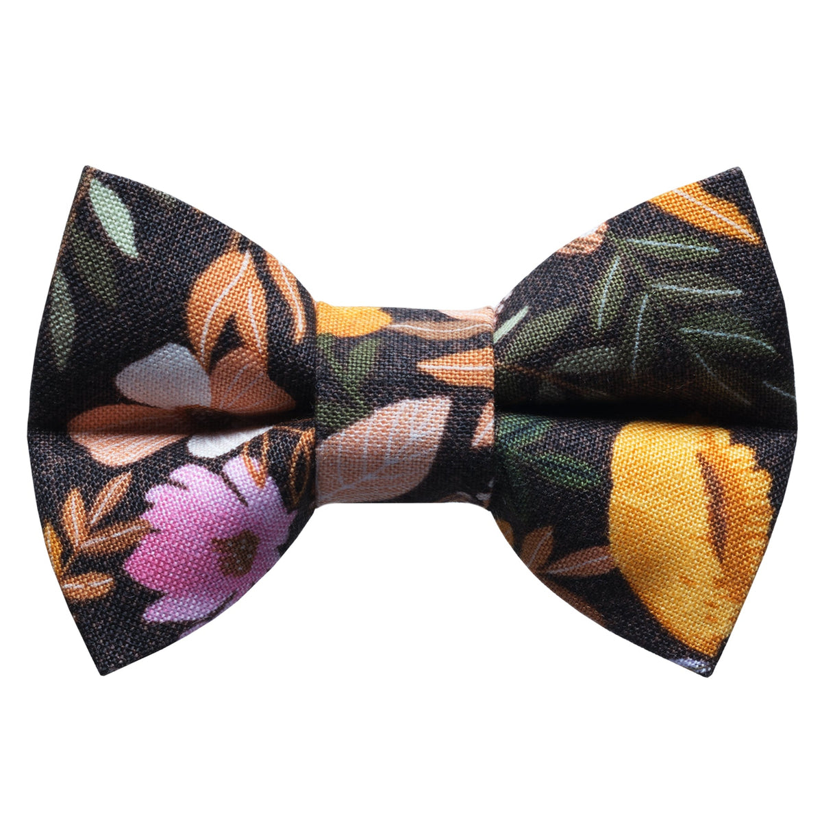 Black bow tie with a colorful floral pattern featuring yellow and pink flowers