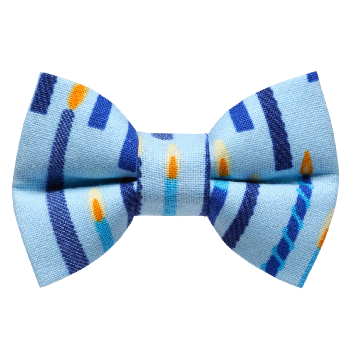 Light blue bow tie with a pattern of blue candles and orange flames