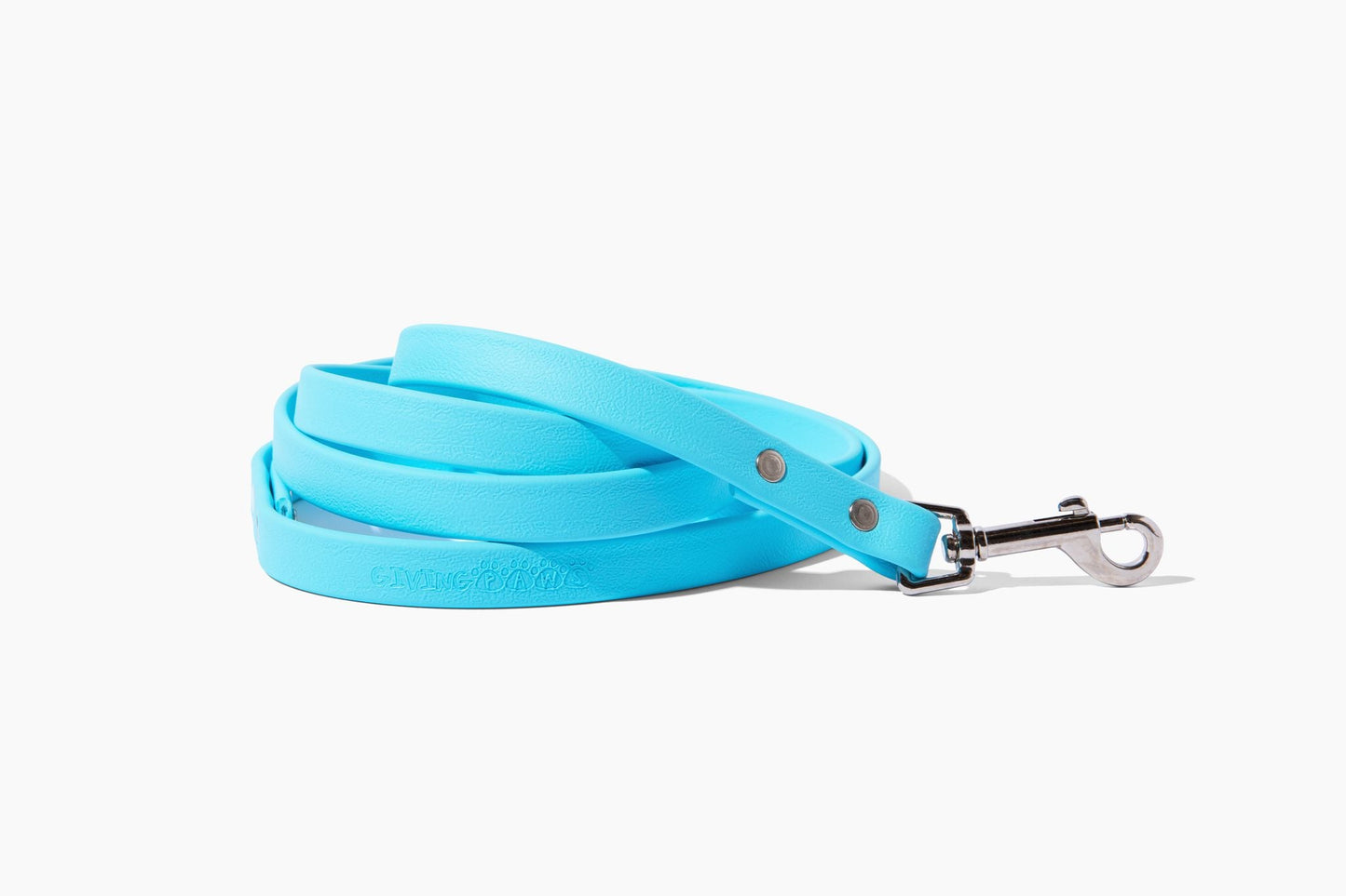 Bright and bold Giving Paws vegan leather leash in blue with metal hardware