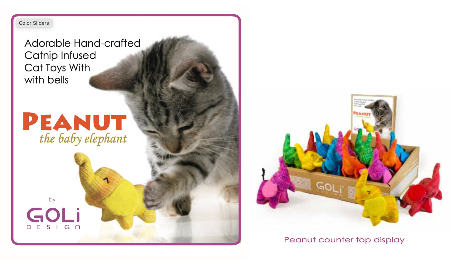 Goli Design Peanut baby elephant cat toy with cat playing and counter top display