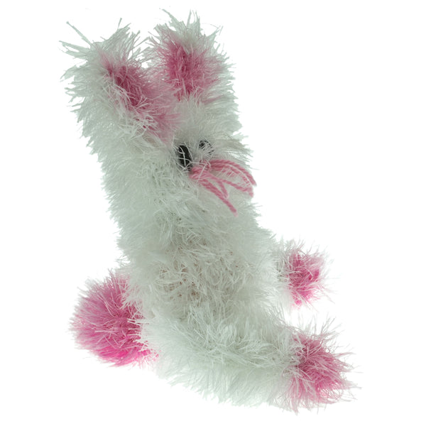Mendota Pet Oomaloo bunny pet toy made of white and pink shaggy yarn