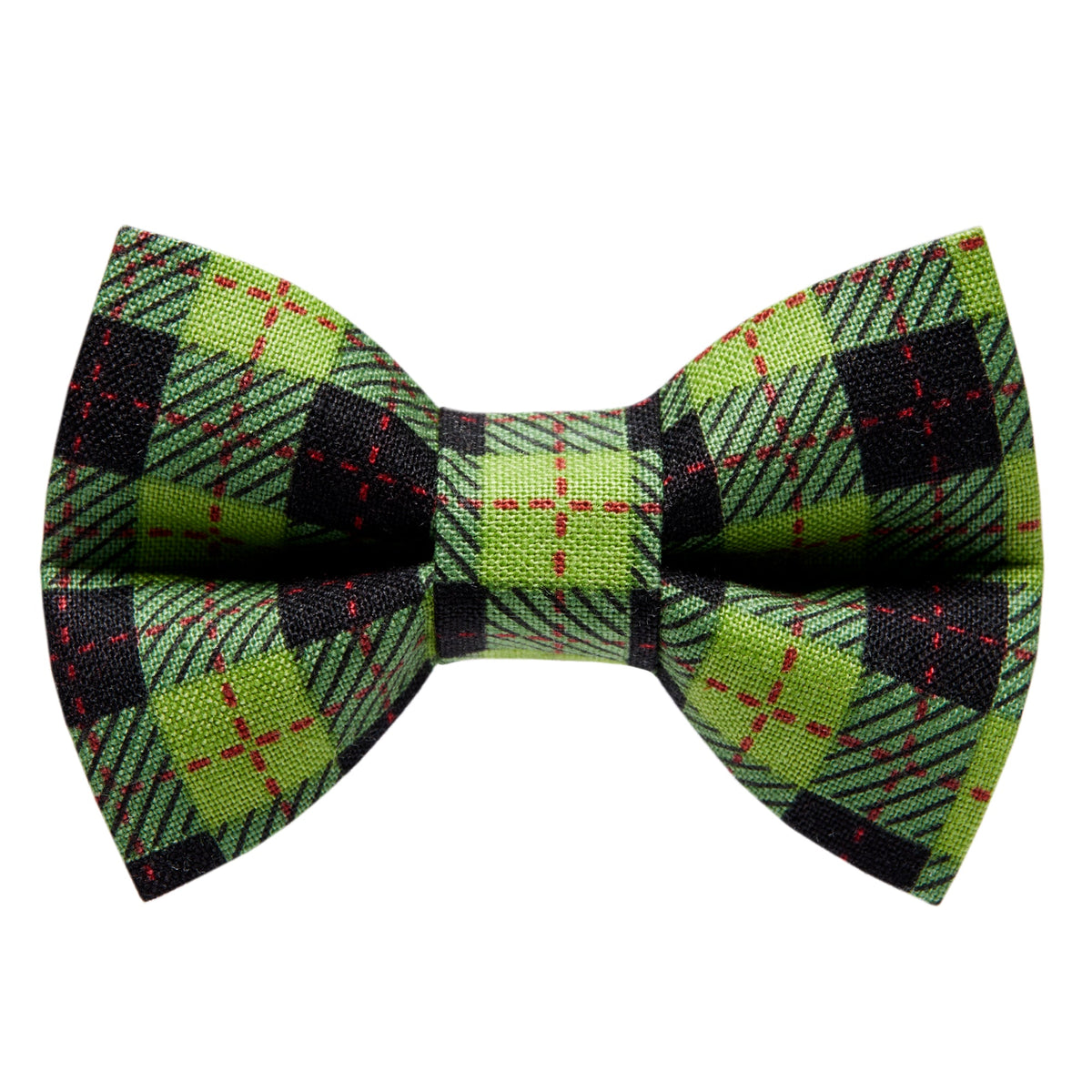 Green and black plaid bow tie with thin red accent lines