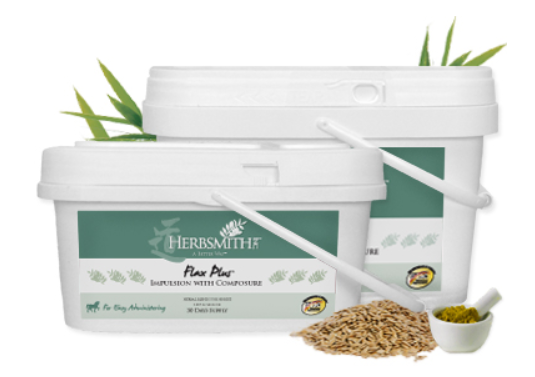 Herbsmith Flax Plus Impulsion with Composure supplement tubs with flax seeds and a small mortar and pestle