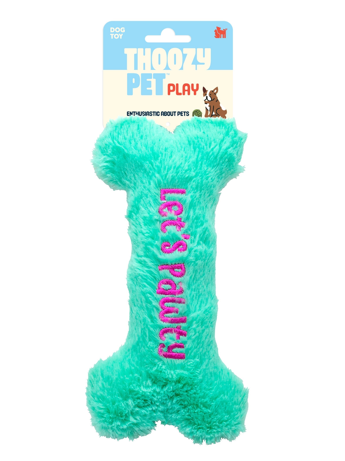 Green bone shaped dog toy with pink text Let's Pawty