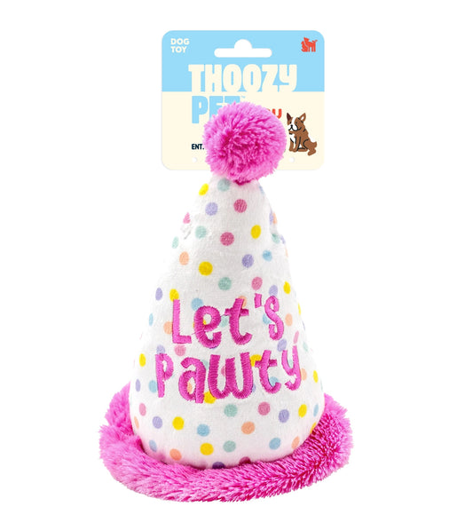White dog party hat with colorful polka dots, pink fluffy trim, and Let's Pawty embroidered in pink