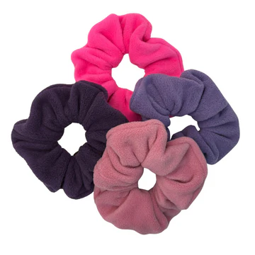 Gold Paw Series Scrunchies in pink, purple, dark purple, and dusty rose