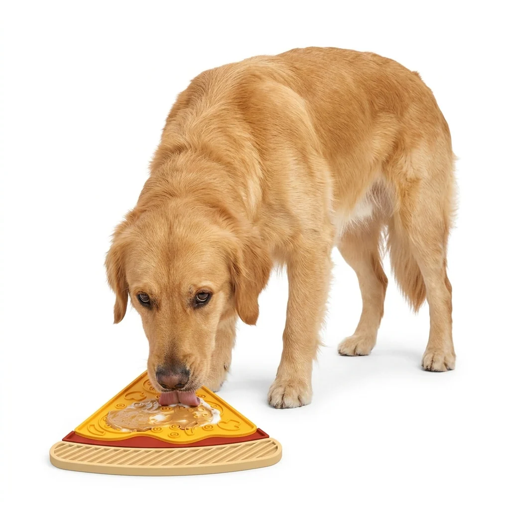 Golden retriever dog licking peanut butter from a pizza-shaped slow feeder