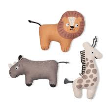 Feeling Wild Mini Toy Set of 3 by Fringe Studio includes a lion, rhinoceros, and giraffe