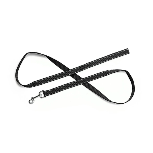 Black dog leash with white stitching and a silver metal clasp
