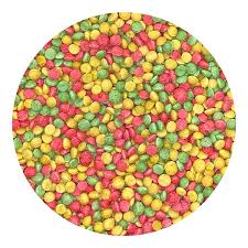 Exotic Nutrition Fruit-Tastic Treat, small round pieces in red, yellow, and green