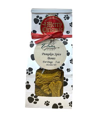 Paws Gourmet Bakery Pumpkin Spice Bones for dogs, 5 oz, in a white bag with black paw prints