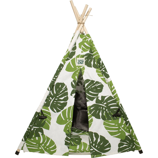 Travel Cat Monstera Cat Tent Bed with a grey cat inside