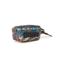 Small rectangular pouch with a geometric pattern in blue, brown, and tan, with a black label