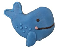 Blue whale shaped cookie with pink tongue and black smile