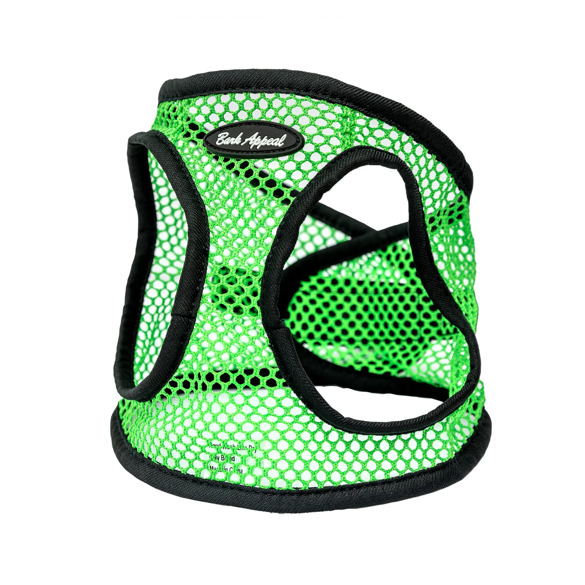 Green mesh dog harness with black trim and a Bark Appeal logo