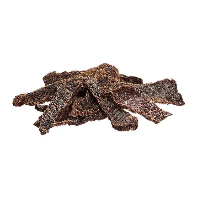 Pile of dark brown beef jerky strips