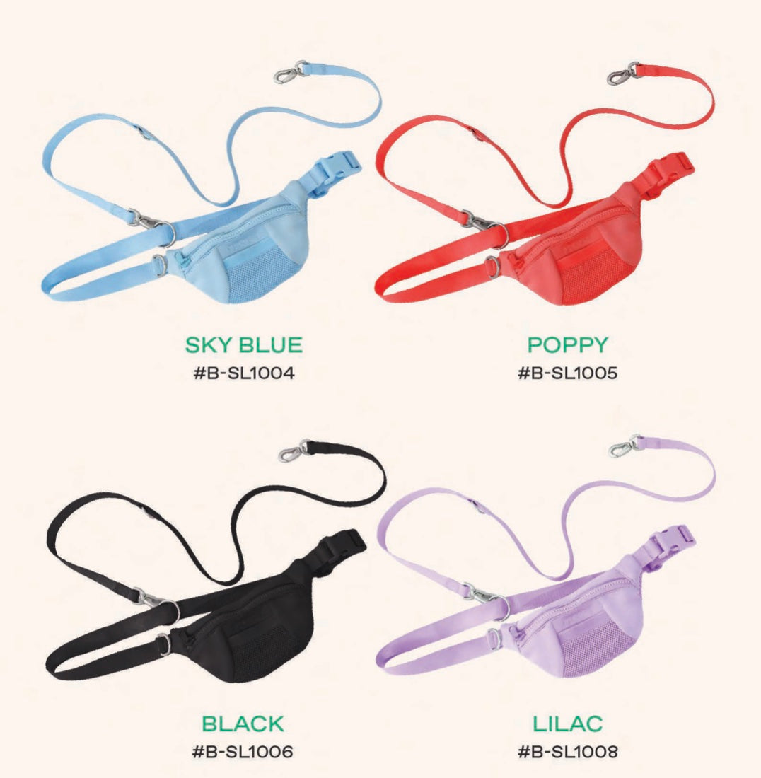 Four Springer sling bags with leashes in sky blue poppy black and lilac