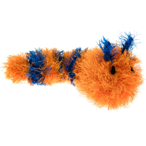 Mendota Pet Oomaloo caterpillar pet toy with orange and blue fuzzy texture