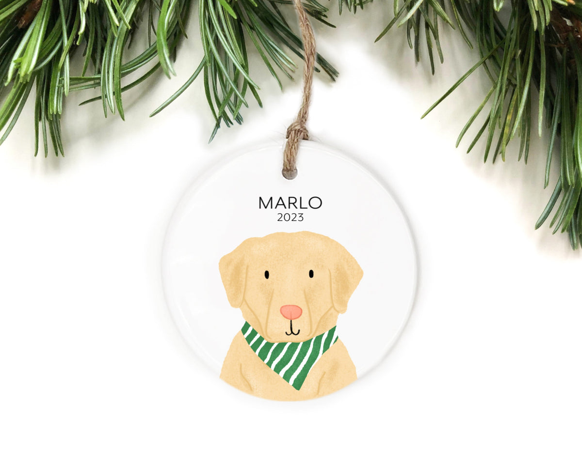The Cheery Pet Lab Ornament with a yellow lab wearing a green and white striped bandana