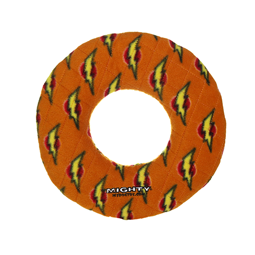 VIP Products Mighty Rings orange dog toy with yellow lightning bolt pattern