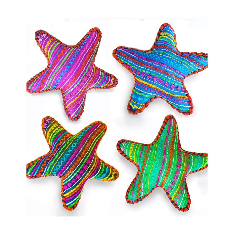 Four Goli Design Su-purr Star cat toys in purple blue orange and green with embroidered patterns
