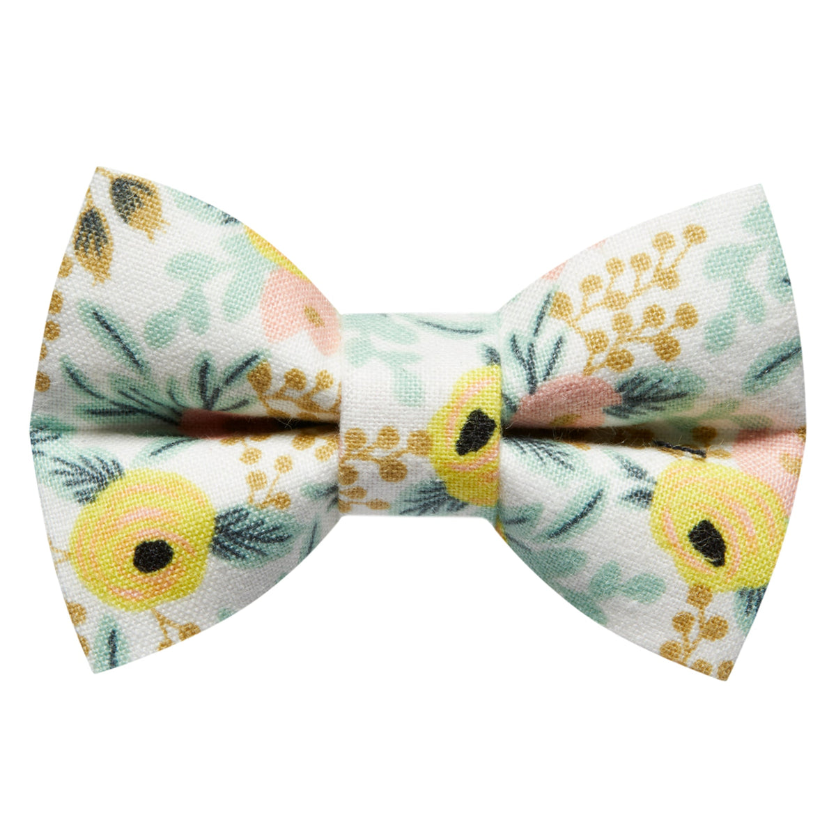 Sweet Pickles Designs The Muse bow tie with yellow and pink floral pattern on white background