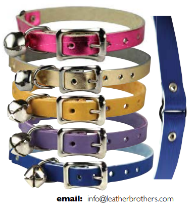 Five cat collars in pink, gold, yellow, purple, and blue with bells and buckles