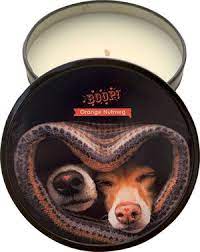 Aroma Paws Boop candle in tin with orange nutmeg label featuring dog noses
