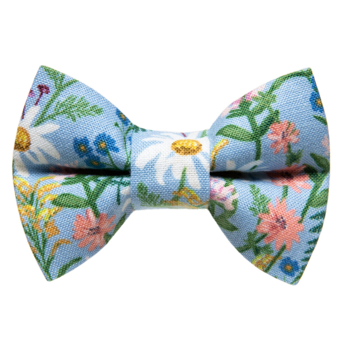 Sweet Pickles Designs The Oopsie Daisy bow tie in light blue fabric with a colorful floral print