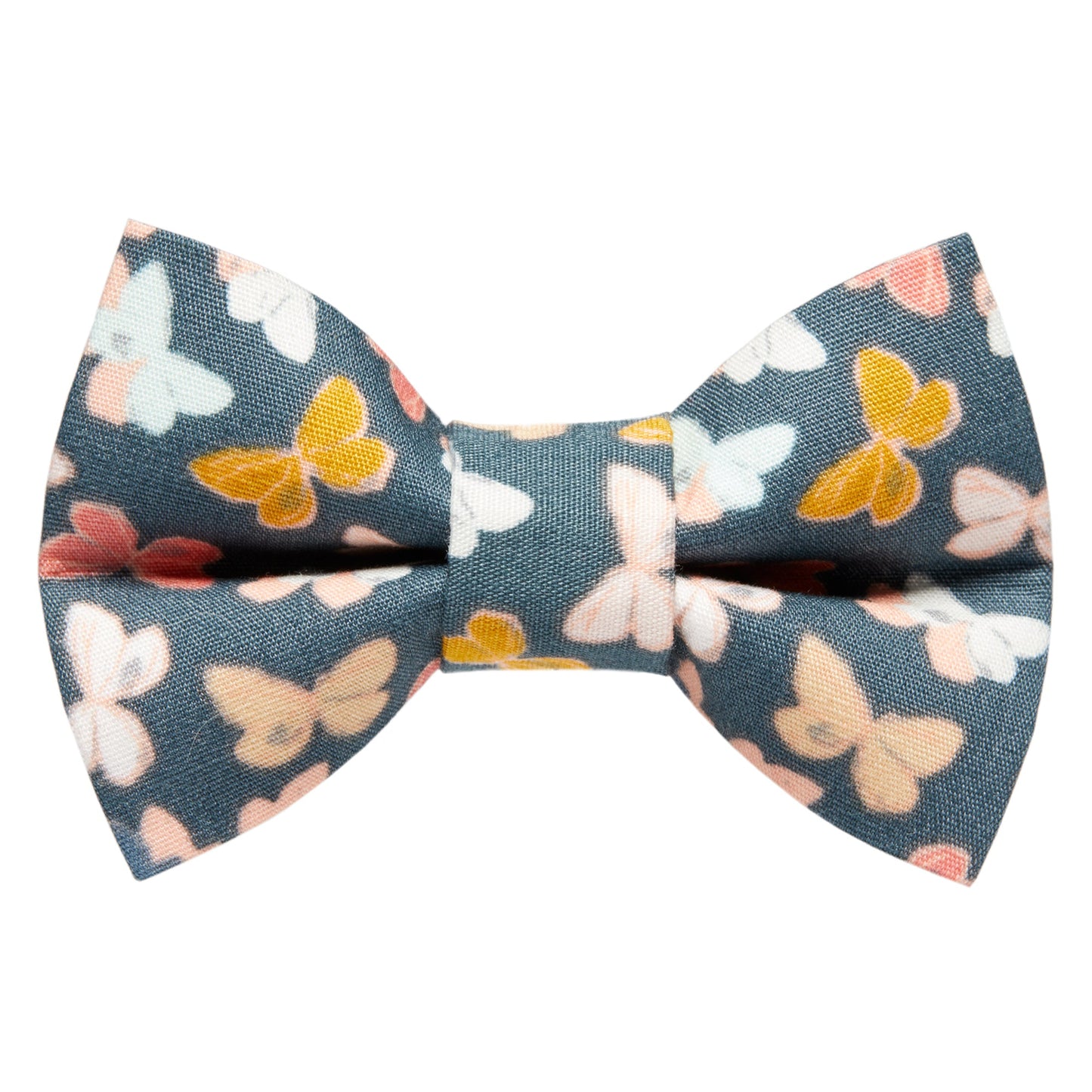 Sweet Pickles Designs The Out For Lunch bow tie in dark grey with a yellow white and pink butterfly pattern