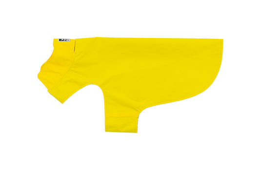 Yellow dog coat with a black tag on the collar