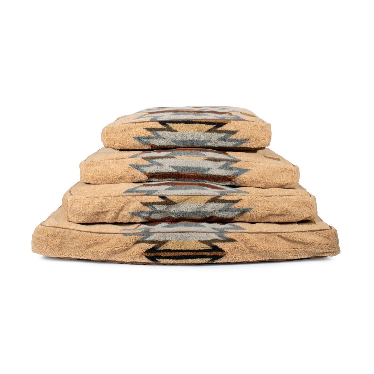 Four Pendleton Berber Pet Napper beds stacked by size with tan geometric patterns