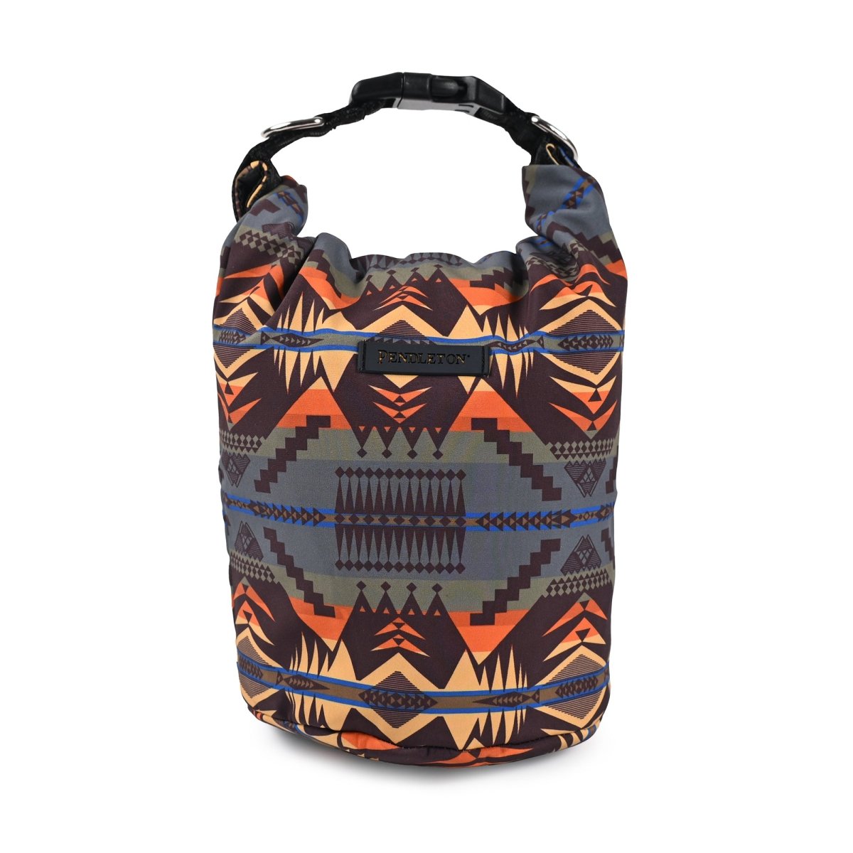 Pendleton pet travel food bag with orange and grey geometric pattern and black buckle handle
