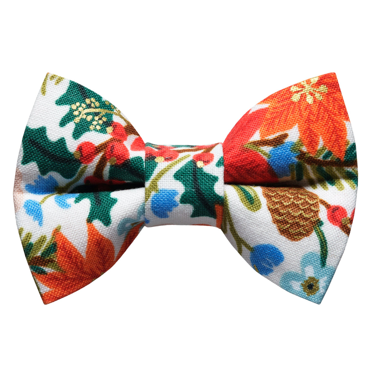 Sweet Pickles Designs The Spruced Up bow tie with holiday floral and pinecone print on white fabric