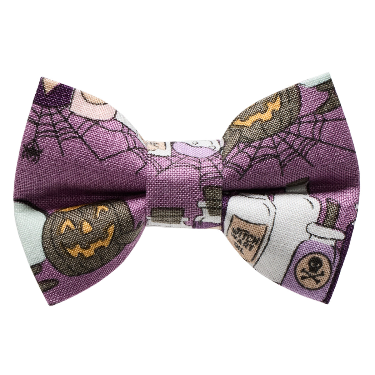 Sweet Pickles Designs The Spellbound bow tie with purple Halloween print featuring pumpkins and potion bottles