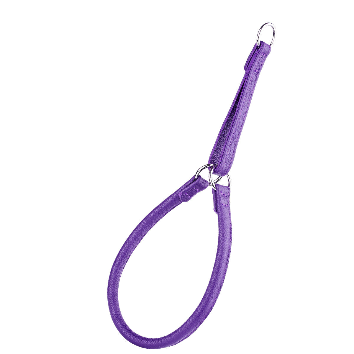 Purple leather dog leash with silver rings