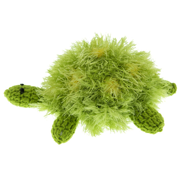 Mendota Pet Oomaloo turtle pet toy with a fuzzy green shell and crocheted head and limbs