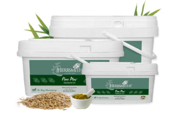 Herbsmith Flax Plus Serenity buckets with loose flax and a bowl of green powder