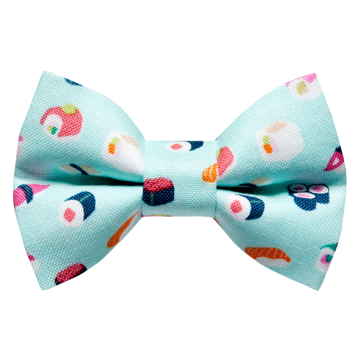Light blue bow tie with a repeating sushi pattern