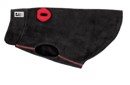 RC Pets Cirque Fleece dog vest in black with red trim and leash opening