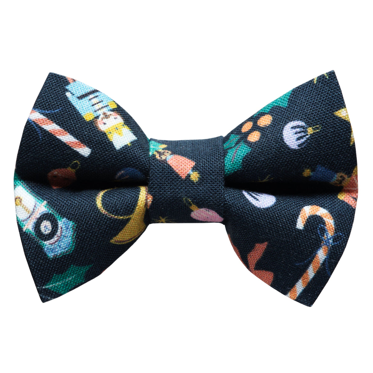 Sweet Pickles Designs The Second Act bow tie with a dark blue fabric featuring a festive holiday print