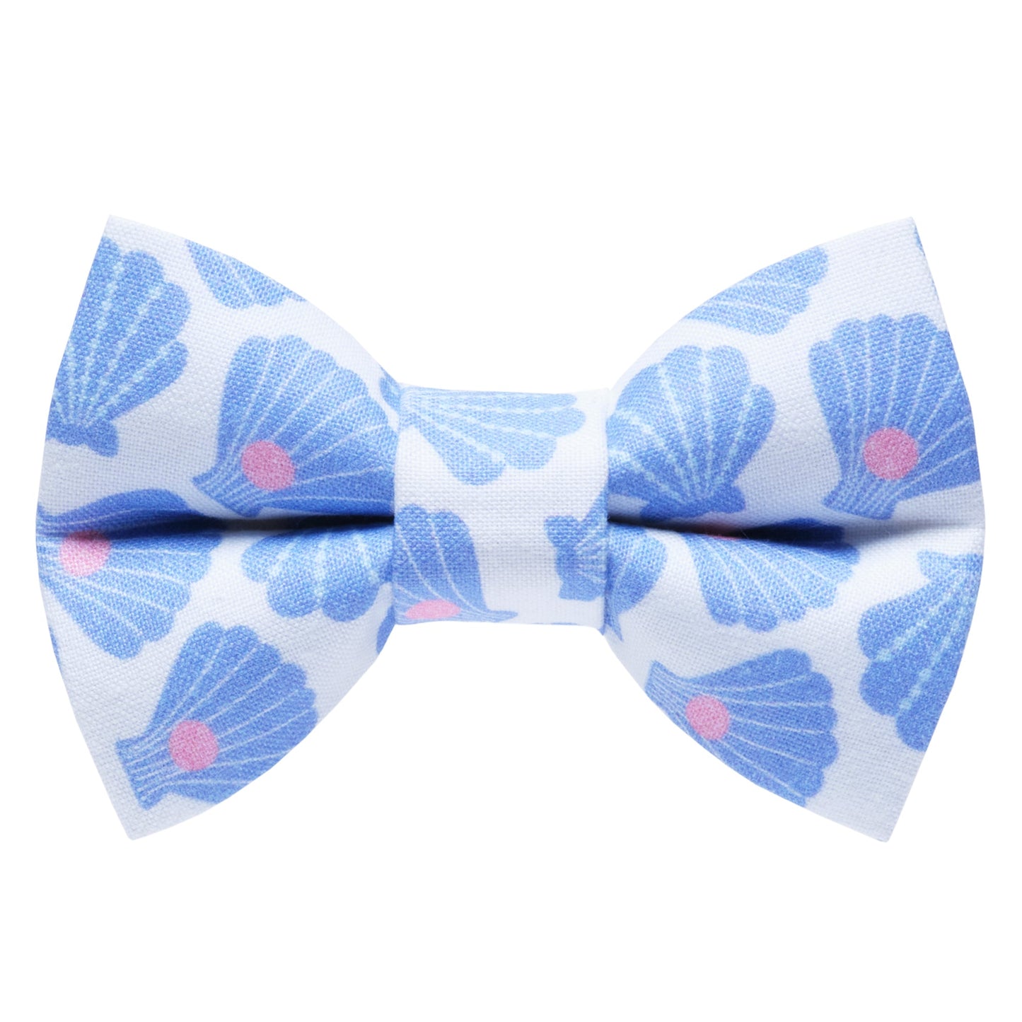 Sweet Pickles Designs The Deep Dive bow tie with blue seashell and pink pearl pattern on white background